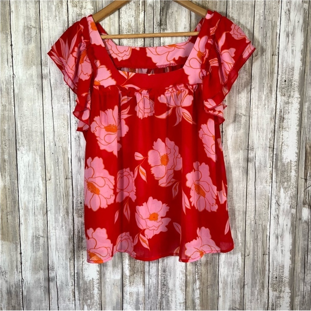 Jodifl Red & Pink Square Neck Floral Blouse - Picture 2 of 8